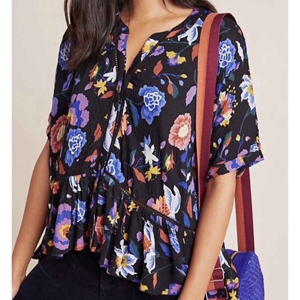 Anthropologie Josie Black Floral Button Up Shirt Dolman Sleeve Ruffle Cropped M